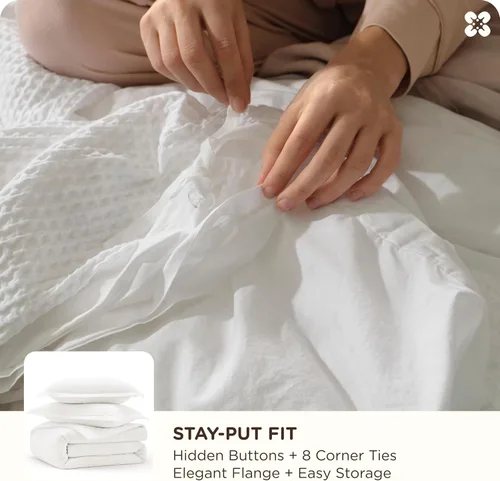 Miniatura 5 de Bedsure - Juego de funda de edredón de algodón tamaño queen, 100% algodón con tejido en rombos color blanco coco, funda de edredón tamaño queen