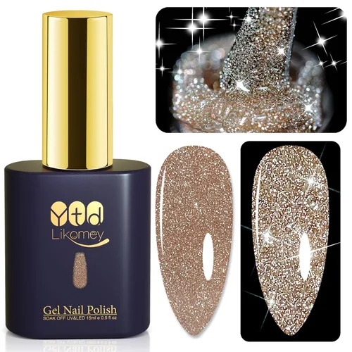 YTD Likomey Esmalte de uñas de gel con purpurina reflectante, 15ml Oro Champán con destellos de diamante y brillo, uñas brillantes y brillantes para