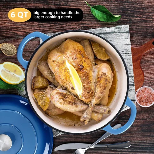 Miniatura 6 de E-far Horno holandés de hierro fundido esmaltado de 6 cuartos con tapa, olla redonda holandesa antiadherente para estofar, guisos, asar, hornear Azul