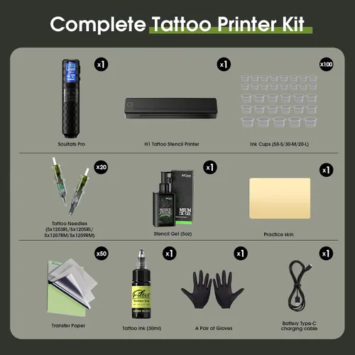 Miniatura 7 de Kit de impresora de tatuajes, máquina de impresión de plantillas de tatuaje con pistola de tatuaje de 6 tiempos de 0.098-0.189 in, fuente