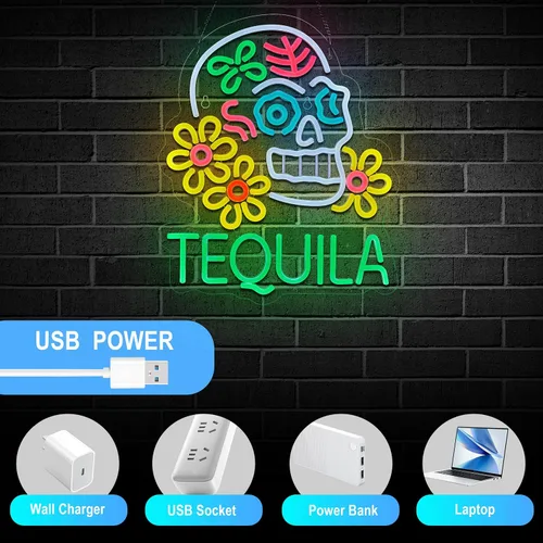 Miniatura 4 de Roouneon Letrero de Neón de Tequila para Decoración de Pared Tequila Mexicano USB Regulable Letrero LED de Neón para Decoración de Luz de Bar