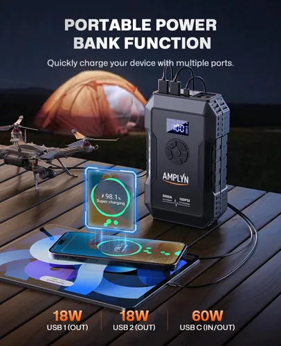 Miniatura 3 de Arrancador de batería de coche con compresor de aire de 160 PSI, 5000 A 60 W, batería de arranque portátil (todo a gas/10L diesel), caja de arranque
