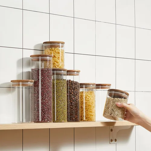 Miniatura 5 de Qinyoung Tarros de almacenamiento de vidrio con tapas de madera, 4 tamaños, recipientes de almacenamiento de alimentos, recipientes transparentes