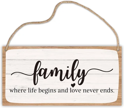 Letrero colgante de madera para decoración de pared familiar, letrero con texto en inglés «Family Where Life Begins And Love Never Ends» (A01)