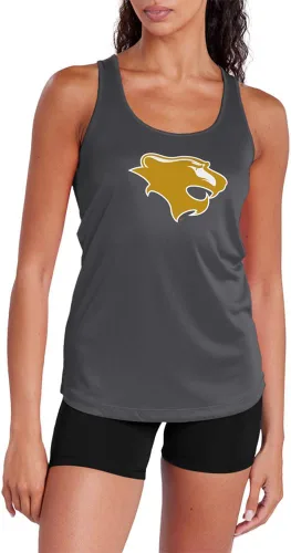 Miniatura 332 de Camiseta deportiva sin mangas oficial de la NCAA Collegiate para mujer, con espalda cruzada, logotipo primario, colección carbón