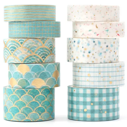 Creative Washi - Juego de 10 rollos de cinta adhesiva decorativa con impresión de lámina dorada para artes, manualidades, diarios, planificadores,