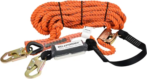 Miniatura 6 de Línea de vida vertical de 100 pies para montar cuerda de tres hebras, protección contra caídas con ganchos de agarre de cuerda, amortiguador