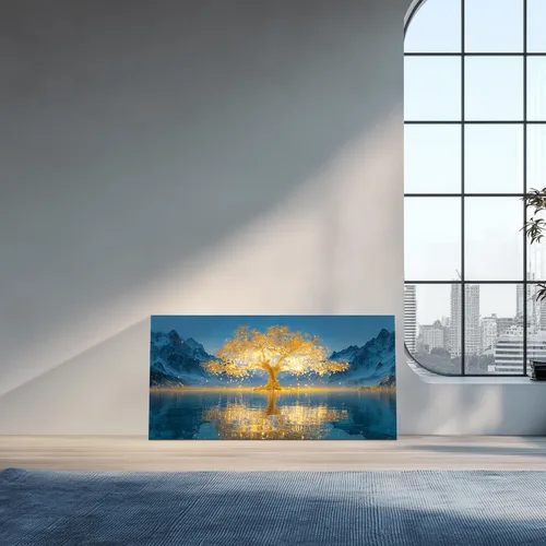 Miniatura 5 de SLYCAY Lienzo grande con árbol de la vida dorado para pared, pintura de paisaje, naturaleza, nieve, montaña, lago, paisaje, decoración de pared