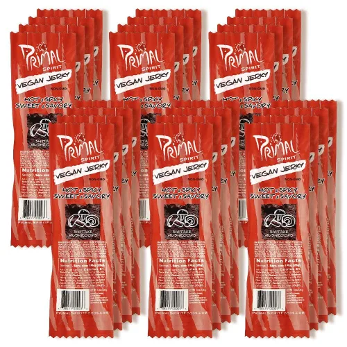 Primal Spirit Vegan Jerky “SHIITAKE MUSHROOM” – “Classic Flavor” – Hot & Spicy-Sweet & Savory, 10 g. Plant Based Protein, Certified Non-GMO, No