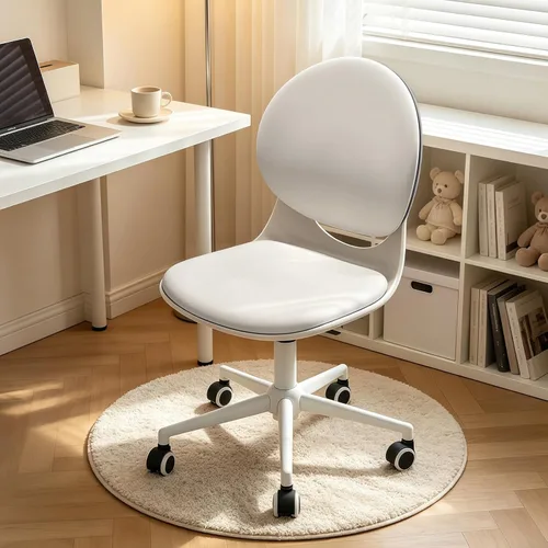 Miniatura 9 de Silla moderna de oficina en casa, silla de escritorio de tela de piel sintética sin brazos con respaldo medio, silla giratoria de altura ajustable