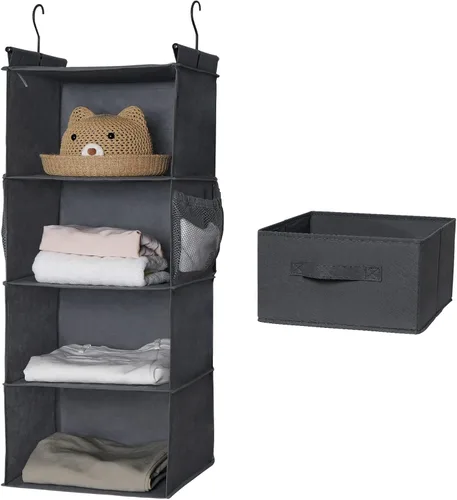 Miniatura 2 de MAX Houser Organizador de armario colgante de 4 estantes, ahorro de espacio, estantes colgantes de tela con 2 bolsillos laterales, plegable (gris)