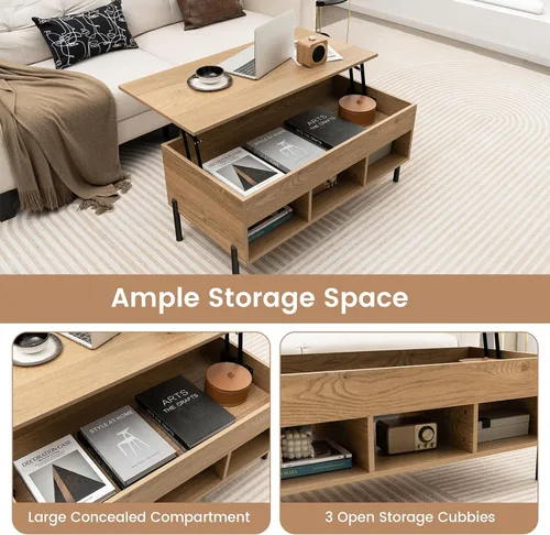 Miniatura 6 de Giantex Mesa auxiliar elevable, mesa rectangular de madera con compartimento oculto y estantes de almacenamiento abiertos, mesa central moderna