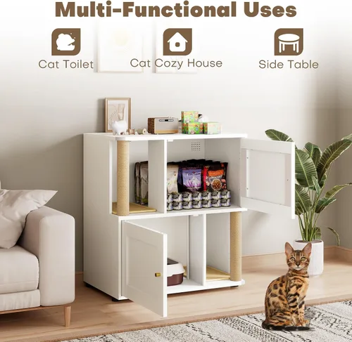 Miniatura 8 de Caja de arena para gatos para 2 gatos, armario de metal oculto doble con poste rascador para gatos, muebles grandes para baño de mascotas, mesa