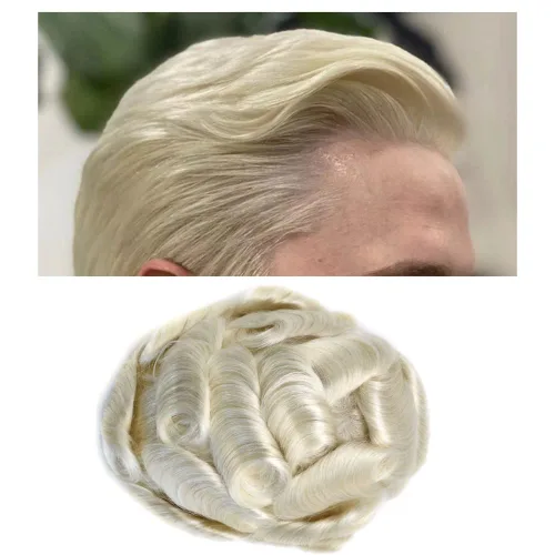 Miniatura 36 de Toupee para hombres Sistema de reemplazo de cabello humano Full Poly Mens Toupee Hairpiece inyectado PU peluca para hombre sistemas de cabello 1B#