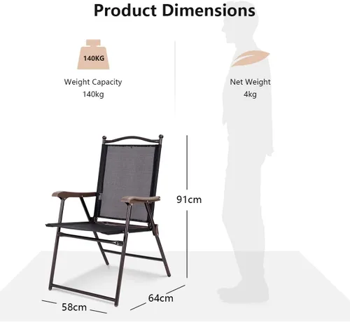 Miniatura 3 de TANGZON Set of 2 Folding Garden Chairs, Portable Steel Frame High Back Chair Set with Armrests, Indoor Outdoor Weather Resistant Dining Seat for