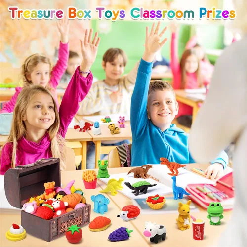 Miniatura 2 de 80 piezas de mini borradores de animales para niños, juguetes pequeños a granel, mascotas de escritorio 3D lindas, juguetes de caja del tesoro