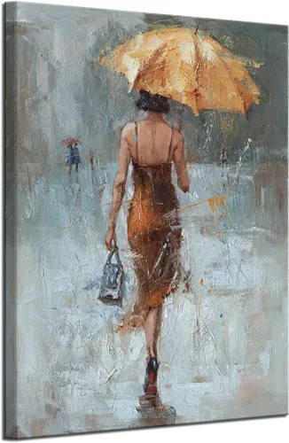 Miniatura 2 de Lienzo de pared con paraguas de niña con vestido caqui caminando en la calle lluvia pintura arte moderno lienzo abstracto obra de arte
