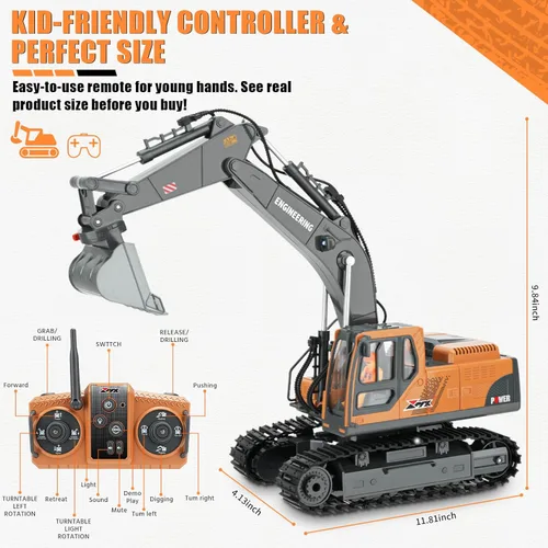 Miniatura 7 de Juguete de excavadora RC para niños 3-12, cubo 3 en 1, garra/taladro, camión de construcción de 2.4 GHz de 14 canales con rotación de 680°, batería
