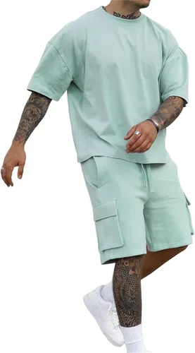 Opomelo Conjunto corto de 2 piezas para hombre, conjunto casual de verano de manga corta para hombre, con bolsillo tipo cargo