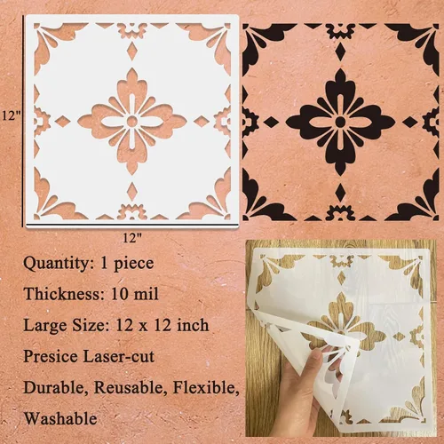 Miniatura 2 de Plantilla de azulejos reutilizables de 12 x 12 pulgadas, plantilla de mandala grande para pintar pisos, azulejos, hormigón, patio, pasarela, porche