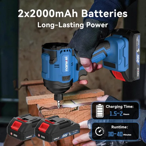 Miniatura 6 de NANWEI Destornillador de impacto sin escobillas de 20 V, par máximo de 2100 In-lbs (240 N·m), vástago hexagonal de 1/4 pulgadas, 2 baterías de 2.0Ah