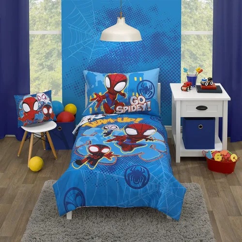 Disney Marvel Spidey and his Amazing Friends Spidey Team - Juego de ropa de cama infantil de 4 piezas, color rojo, blanco y azul, edredón, sábana