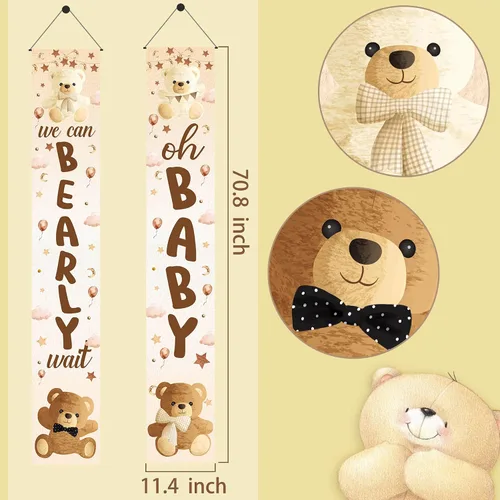 Miniatura 3 de Decoración de baby shower con texto en inglés «We Can Bearly Wait», 2 unidades, oso para baby shower, porche, letrero de revelación de género