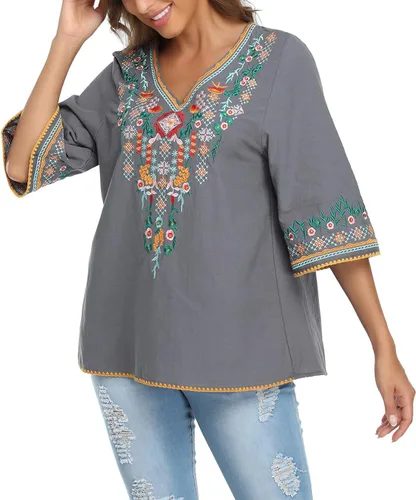 Miniatura 6 de YZXDORWJ Blusa campesina mexicana bordada con cuello en V para mujer