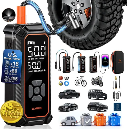 Miniatura 18 de OlarHike Compresor de aire portátil para inflado de neumáticos, inflado rápido, doble potencia, 6000 mAh y 12 V CC, bomba de aire inalámbrica