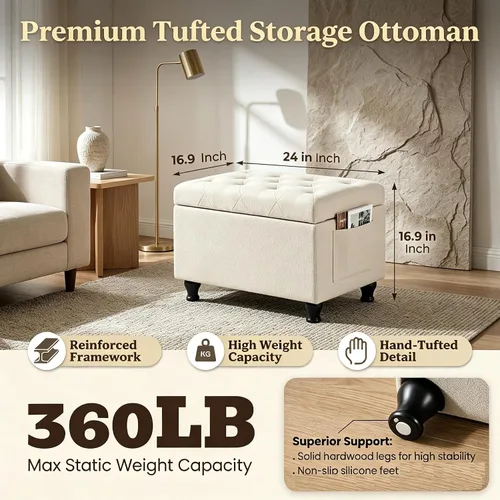 Miniatura 2 de Otomana rectangular de 24 pulgadas, color beige con almacenamiento para sala de estar Upholstered Fabric Shoe Bench and Footrest with Safety Hinge