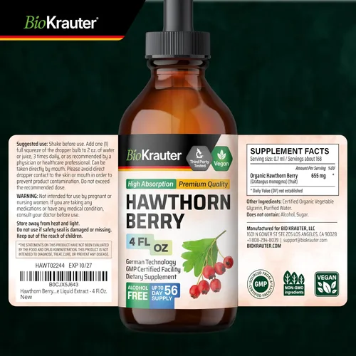 Miniatura 8 de BIO KRAUTER® Hawthorn Berry para apoyo circulatorio - Suplemento de bayas de Hawthorne para relajación y bienestar general - 4 onzas líquidas