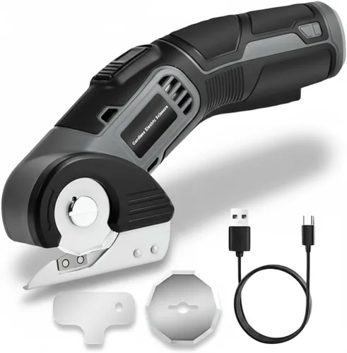4V - Tijeras eléctricas inalámbricas, cortador giratorio ligero con 2 cuchillas y carga USB, para cortar cartón, tela, cuero, alfombra, plástico,