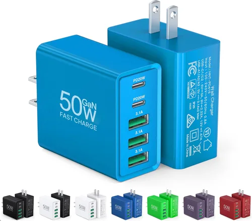 Miniatura 13 de [Paquete de 2] Cargador de pared USB C, bloque de cargador USB C de 50 W, bloques de carga rápida PD de 5 puertos, 2USB C + 3USB A enchufe