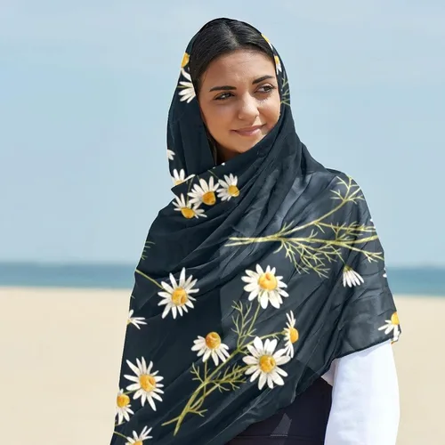 Miniatura 5 de Bufandas de seda con estampado de margaritas y flores silvestres, bufanda larga de gasa para mujer, Multi