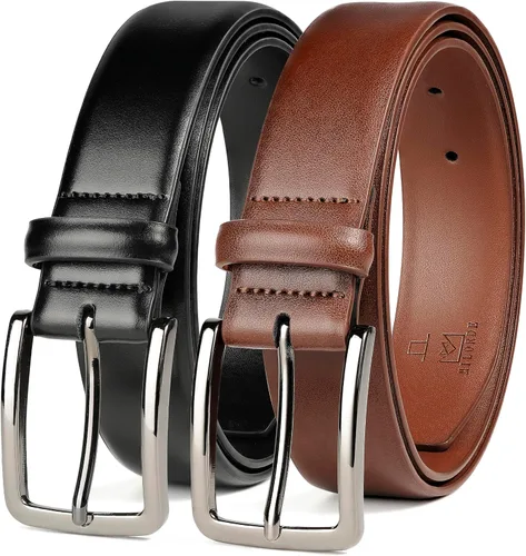 Miniatura 8 de MILORDE Cinturón de vestir de cuero para hombre, 2 unidades, hecho a mano, cuero genuino, diseños clásicos y modernos para el trabajo, negocios