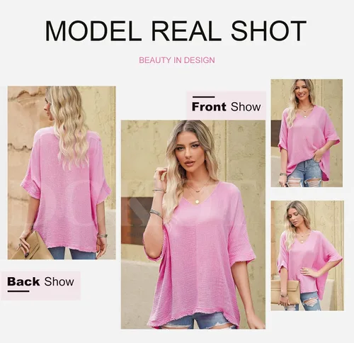 Miniatura 4 de Dokotoo Camisas casuales de manga corta con cuello en V para mujer, blusas sólidas de gran