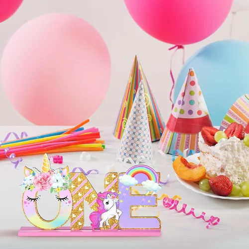 Miniatura 5 de Decoraciones de cumpleaños de unicornio, letrero de una letra de unicornio para el primer cumpleaños, centro de mesa de madera de una mesa