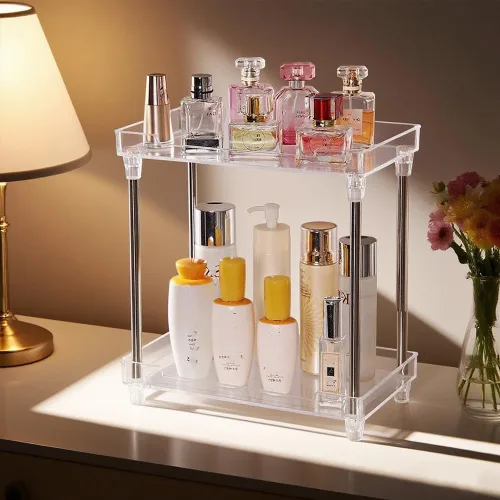 Organizador de aerosol corporal, organizador de mostrador de baño de 2 niveles, organizador de maquillaje de esquina transparente, organizadores de