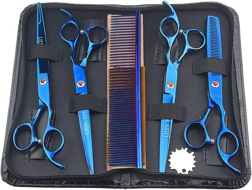 Miniatura 9 de Tijeras de titanio recubiertas de aseo profesional para mascotas para perros, tijeras de corte, curvas y adelgazantes (7.0 pulgadas, doradas)