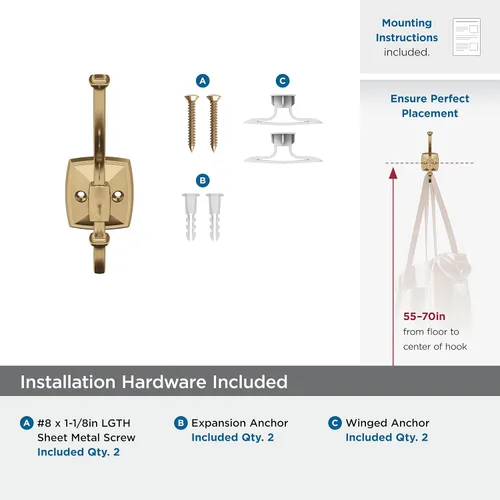 Miniatura 5 de Amerock H37002CZ Kinsale Gancho decorativo de pared de doble punta Gancho de bronce champán para abrigos, sombreros, mochilas, bolsas Ganchos