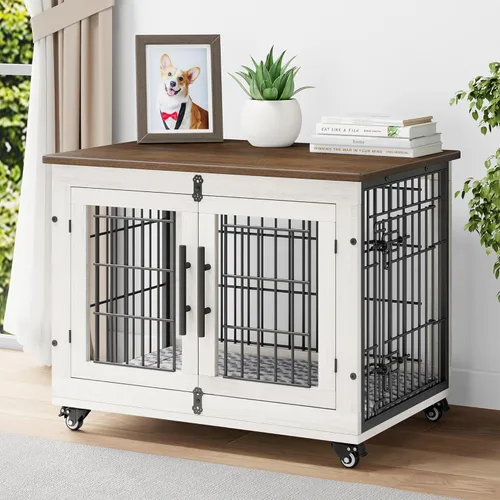 Miniatura 9 de YaFiti Mueble de jaula para perros con cojín, perrera de madera para interiores con puertas dobles, jaula para perros con ruedas, mesa auxiliar