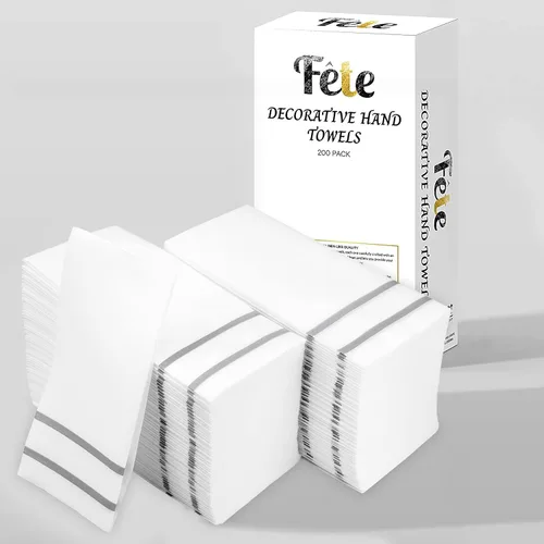 Miniatura 2 de Toallas de mano desechables para baño, diseño plateado, 200 toallas desechables con sensación de lino para huéspedes – Servilletas para cena formal