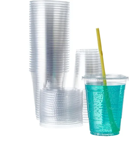 Miniatura 11 de [100 juegos-16 onzas] Vasos de plástico con tapa de ranura para pajita, tapa de ranura para pajilla, transparente, PET, transparente, desechable