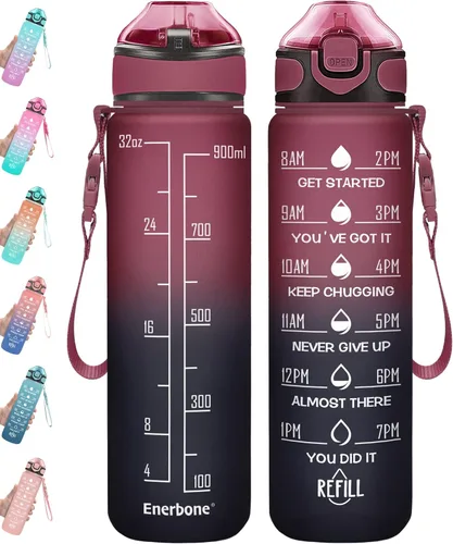 Miniatura 26 de Enerbone Botella de agua potable de 32 oz con tiempos para beber y popote, motivacional con correa para llevar, a prueba de fugas, sin BPA ni