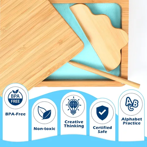 Miniatura 5 de AtMini Bandeja de arena para aula, bandeja de arena Montessori con tapa, bandejas de arena de madera para niños, letras y números (azul)