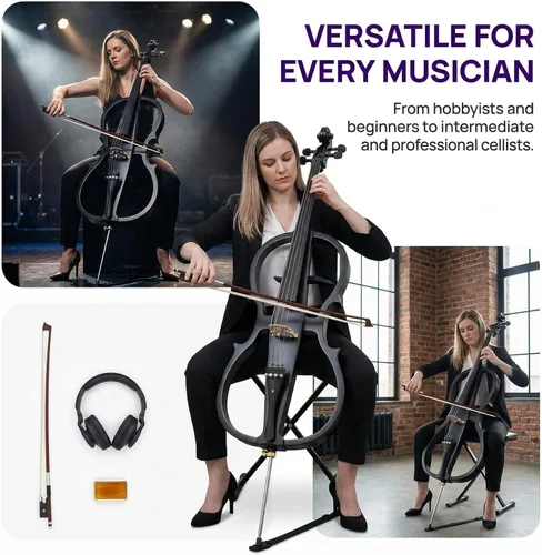 Miniatura 5 de Violonchelo eléctrico 4/4 de tamaño completo con bolsa ligera para violonchelo, auriculares, arco, puente, colofonia, violonchelo para adultos