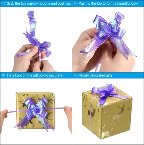 Miniatura 5 de PATIKIL Lazos iridiscentes de 2.2 pulgadas, paquete de 40 lazos de cuerda para envolver regalos, corbatín decorativo para bodas, fiestas, Azul claro