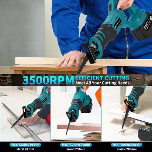 Miniatura 2 de Sierra de vaivén Canbrake sin cable con mango giratorio, 2 baterías de 6.0Ah, 12 piezas de cuchillas, carrera de 28mm, ángulo de corte de 180°