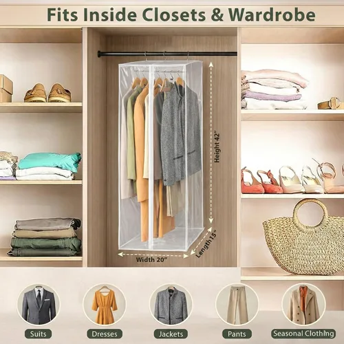 Miniatura 3 de Bolsa transparente para ropa, organizador colgante de armario con cremallera de 42 pulgadas con marco de metal, protege vestidos, trajes y chaquetas