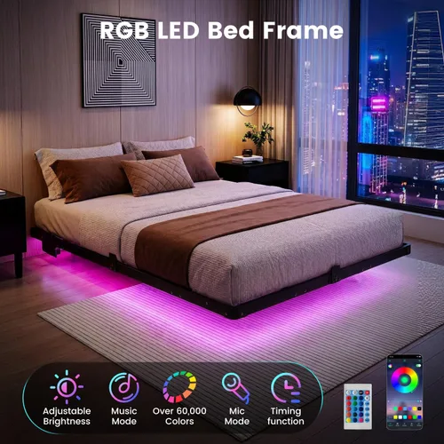 Miniatura 3 de Liians Marco de cama flotante moderno de tamaño completo con luces LED inteligentes, estación de carga USB, plataforma de metal resistente,